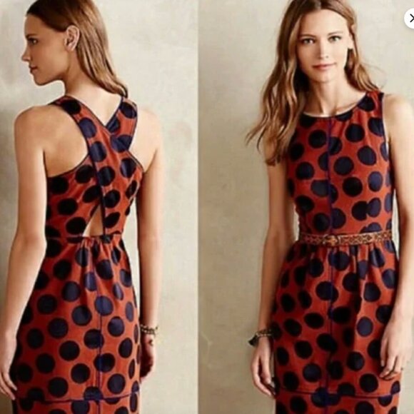 Maeve Anthropologie Fit & Flare Dress High Neck Open Back Cut Out Back Polka Dot - Picture 1 of 3